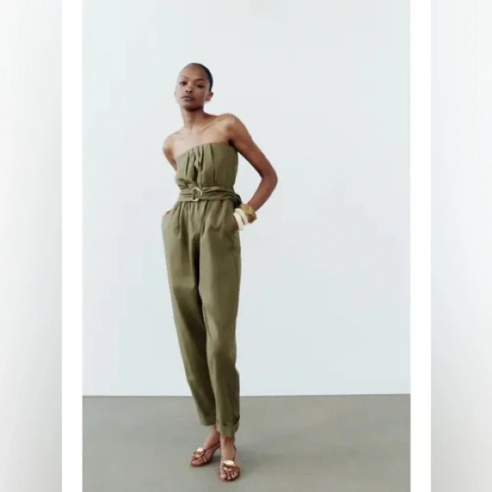 ZARA STRAPLESS BELTED LINEN JUMPSUIT